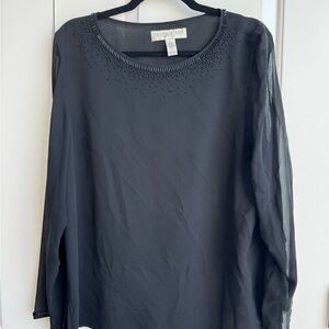 100% Silk Black Long Sheer Sleeve Top with Beaded Embellishments